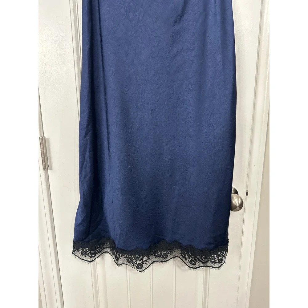 A New Day Navy Blue Jacquard Floral Midi Skirt Black Lace Trim Small